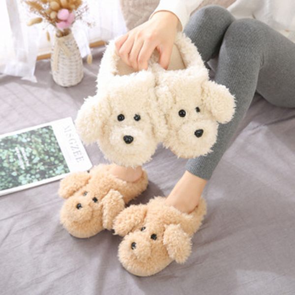 

2019 new autumn winter women slippers cute cartoon puppy teddy wool cotton home soft anti-slip fur indoor floor women men shoes x1020, Black