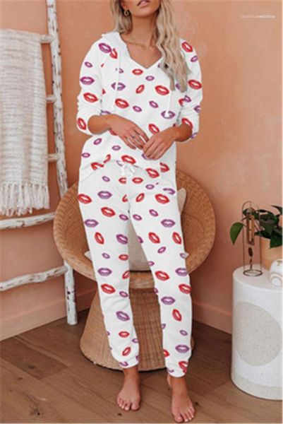 

designer female loose two piece set women gradient lips pattern suits fashion trend long sleeve v neck hooded sweater trousers tracksuits, Gray