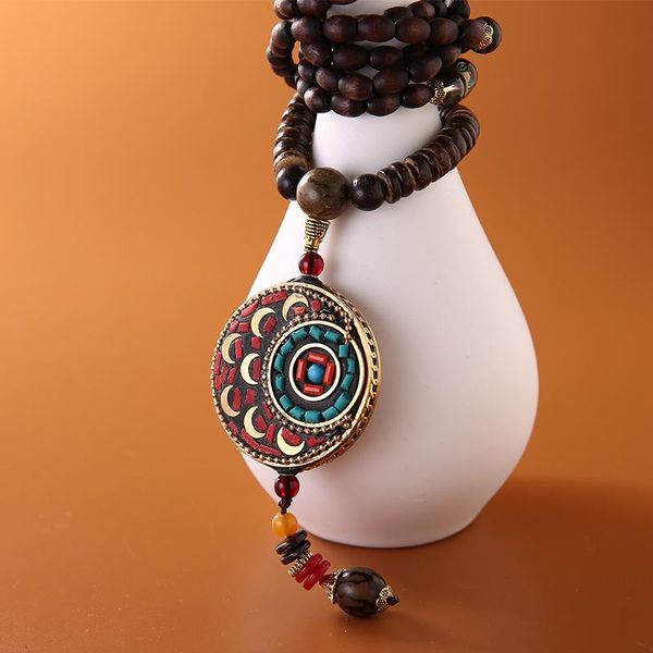 

ретро тибетский этнический плоский круглый цветок жизни непал бусы длинный свитер ожерелье античная golden moon павлин ожерелье шарм подвеск, Silver