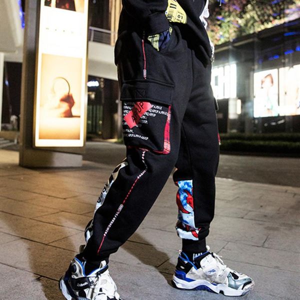 

men's pants aprilmomo skateboard street stitching fashion brand personality hip-hop harajuku style foot male nine-point p, Black