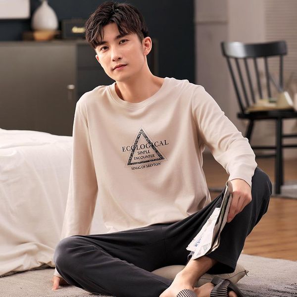 

pajamas men's cotton pajamas men's youth home service spring and autumn suits large size long sleeve home service dormir, Black;brown