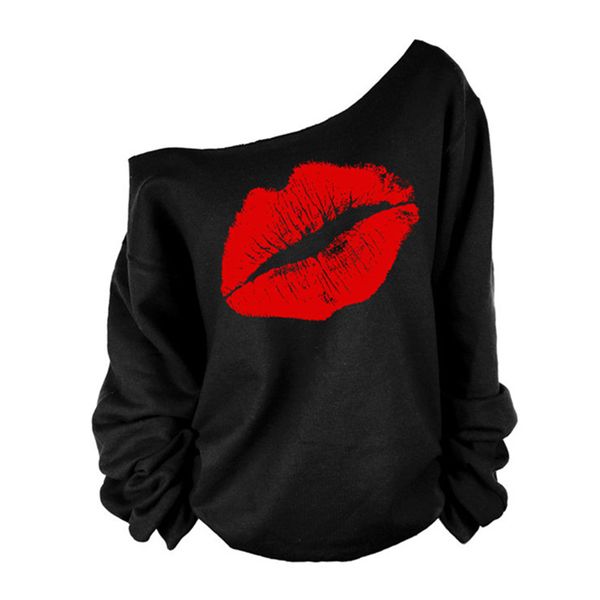 Lábio vermelho sexy impressão t camisa mulheres um ombro mais tamanho t-shirt manga comprida casual verão solto camisetas top camisetas mujer preto 20115