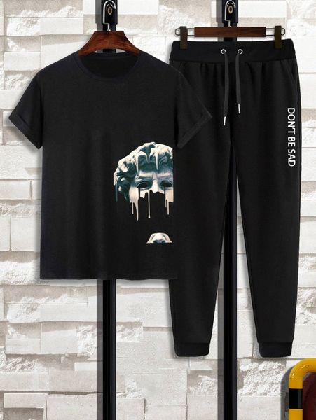 

men figure graphic tee & slogan graphic drawstring waist sweatpants o4yq#, Gray