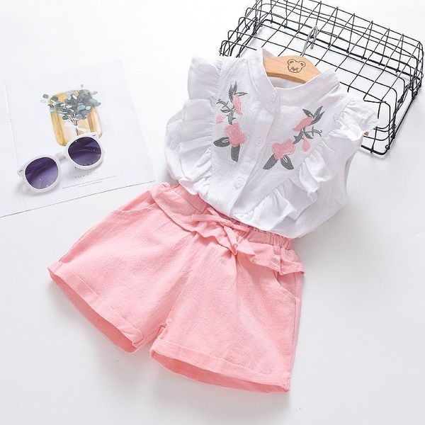 

clothing sets 2021 summer children's suit blouse girls embroidered flower sleeveless shirt pink shorts suit1, White