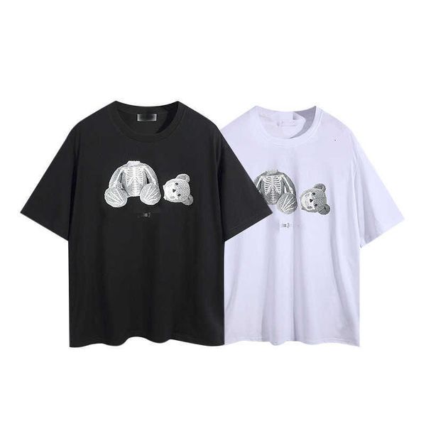 

summer gradient skull broken bear t-shirt men's and women's back letter print loose short sleeve, White;black