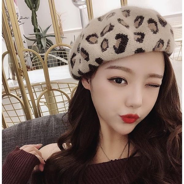 

4p2mz rabbit hair leopard women's korean autumn and winter versatile artist hat british beret beret bud hat, Brown;gray