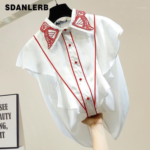 

blusas mujer de moda 2020 exquisite butterfly embroidered lotus leaf satin sleeveless shirt fashion lady temperament blouse1, White