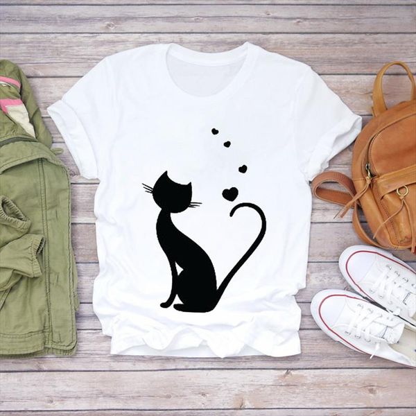 

women t shirts cat love heartbeat paw animal printing short sleeve 90s print lady womens graphic t shirt female tee shirt, White