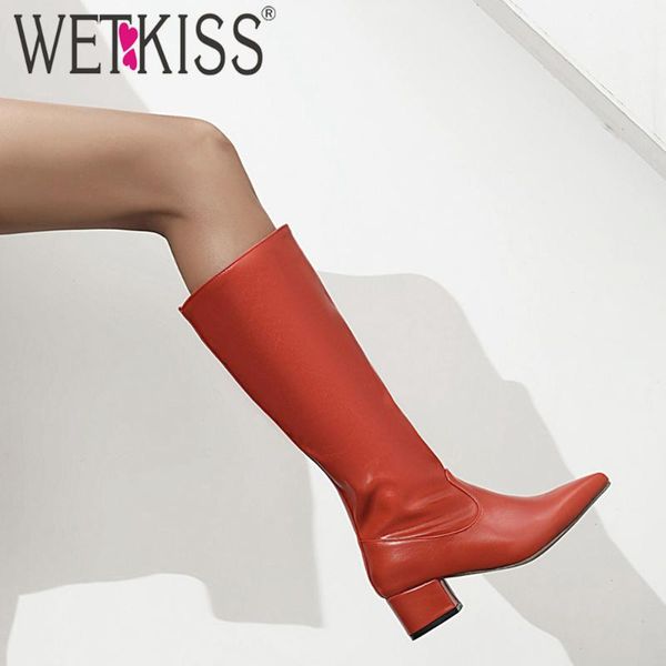 

wetkiss 2020 pu колено сапоги теплых сплошные зимние сапоги коренастых квадратные каблуки мода остроконечных ноги женщина большого размер дл, Black