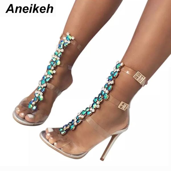 

aneikeh new summer sandals women buckle strap luxurious blue crystal chain transparent pvc high heel open toe sandals shoes 1010, Black