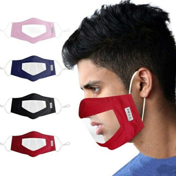 Máscara de face anti-poeira anti-poeira máscara face lavável reutilizável com janela de pvc claro adultos surdos de audiência pessoas elasticidade lagoa