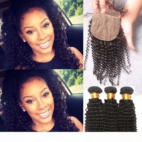 

unprocessed malaysian kinky curly hair with 4x4 silk base closure 4pcs lot virgin malaysian silk closure with human hair weave bundles, Black