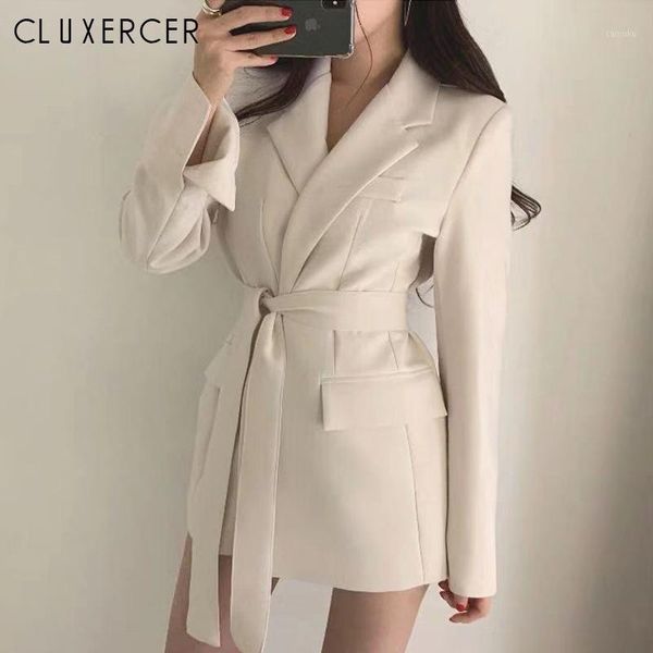 

2020 new autumn winter women long blazer feminino office ladies lace up formal outwear elegant solid white black 1