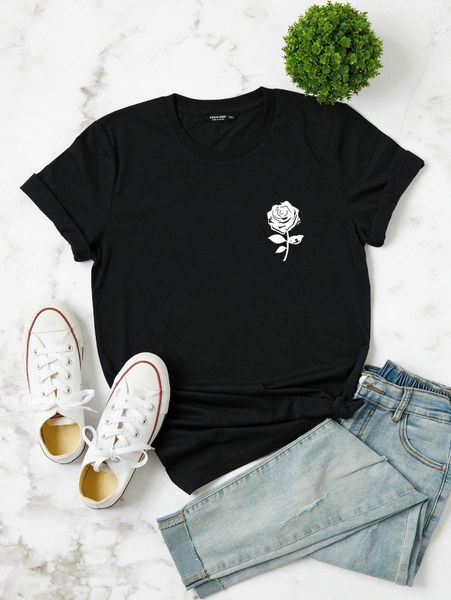 

plus floral print crew neck tee 84dh#, Black