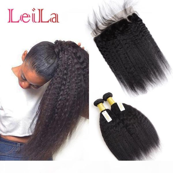 

kinky straight 2 bundles with 13 x 4 ear to ear lace frontal indian 100% unprocessed human hair wefts with closure baby hair, Black;brown