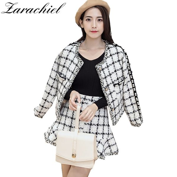 

small fragrance pearls two piece set fall winter women elegant beading tweed plaid jacket coat + mini pencil mermaid skirt suit 201109, Black;brown