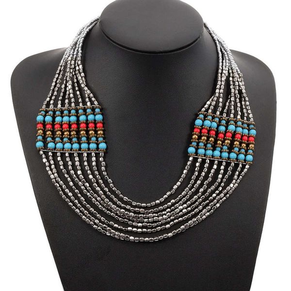 

national style silver gold colored exaggerated rice bead woven necklace women's multi-layer necklace