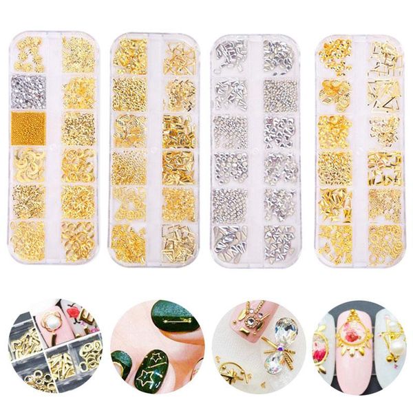 

12 grid 3d nail art decorations flat back crystal rhinestones hollow star moon shape nails studs rivet beads nail accessories, Silver;gold