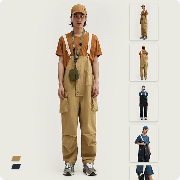 

vimass spring summer new trendy casual multi dimensional multi pocket trousers men's strap jumpsuit casual pants 201126, Black