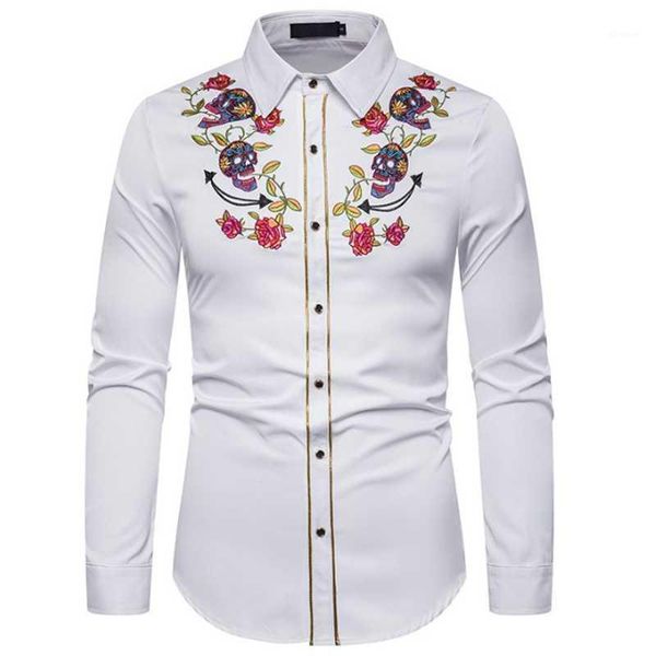

mens fashion western cowboy skull and rose embroidery shirt slim fit casual long sleeve button down dress shirts1, White;black