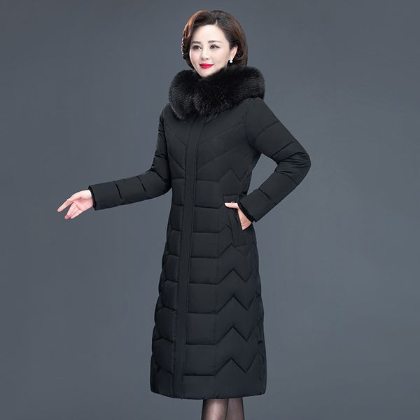 

2021 newx-long woman hooded slim office winter jacket women with fur collar cotton padded thick coat ladies 65p3, Black