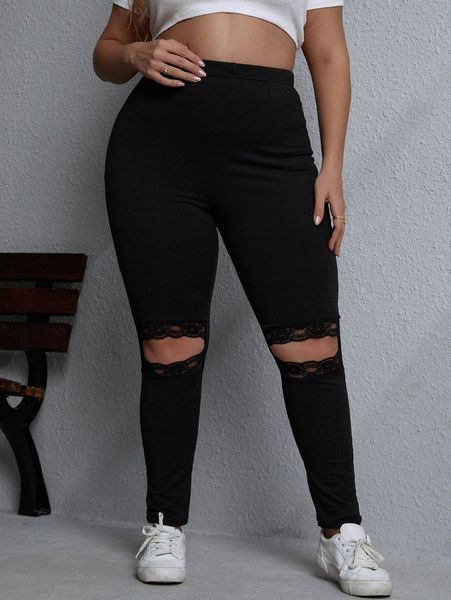 

plus contrast lace cut out leggings p5xd#, Black