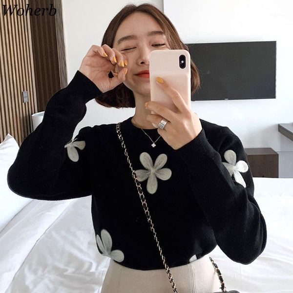 

woherb 2020 new women sweater and pullovers knitted jumper elegant floral embroidery black sweaters female tricot pull femme1, White;black