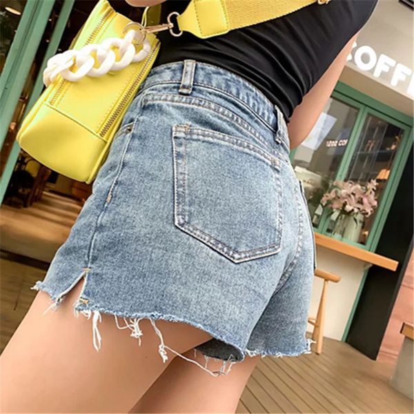

korean high waist split flannel denim shorts women's summer new loose wide leg slim a pants, Blue