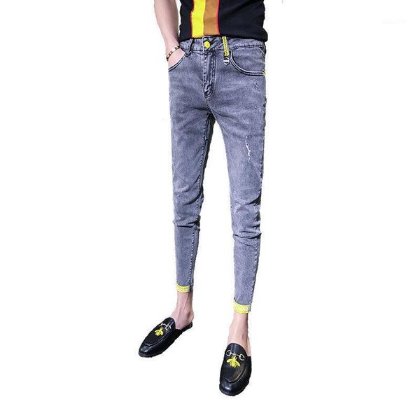 

2021 fashion casual trendy men's summer ankle length pants men's slim pants jeans social spirit guy leggings pencil1, Blue