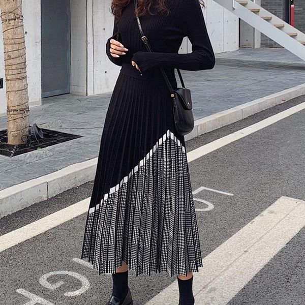 

2020 autumn knitted skirt new fashion plaid patchwork black skirt women high waist pleated winter thick warm skirts