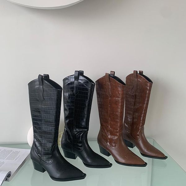 

women western boots pointed toe knee high boots side zipper black brown knight woman winter fashion knee high