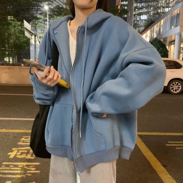 

hoodies women letter outerwear korean oversize zip-up teenagers hooded ins popular female autumn zipper simple daily style basic jdigx, Black