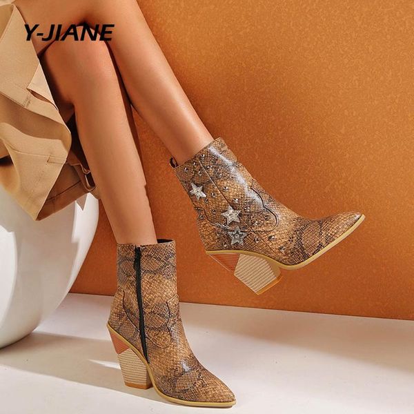 

boots women retro printed metal buckle rivet genuine leather zipper ankle ladies shoes botines mujer 2021#g3, Black