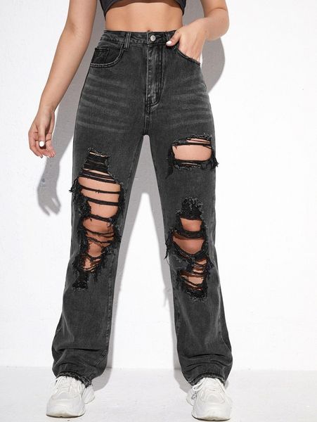

light washed cut out ripped straight leg jeans u8bg#, Blue