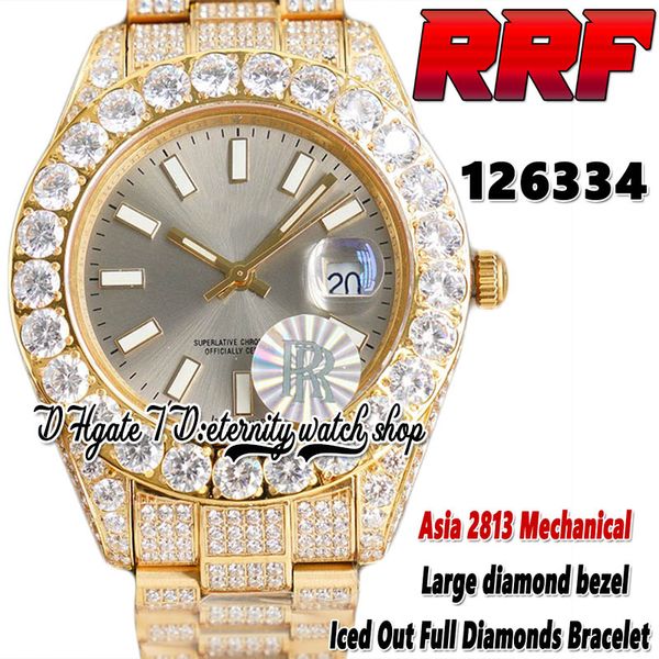 2022 RRF 126334 126300 2813 Mãos Mecânicos Automáticos Assista 126234 Grandes Diamantes Bezel Cinza Disque 316L Aço totalmente gelado Fora Diamante Pulseira de Ouro Eternidade Relógios