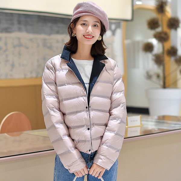 

2020 new ultra light winter women double sided down coat stand collar 90% white duck down jacket warm short autumn outwearx1016, Black;brown