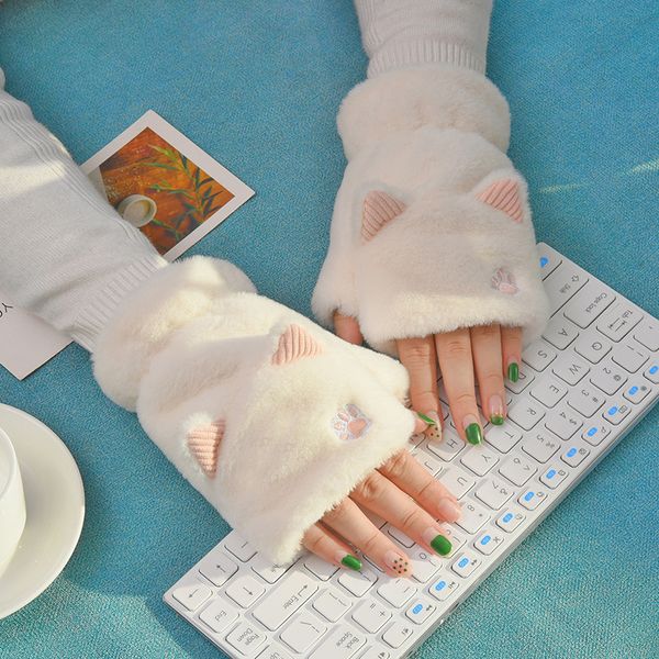 

girls' warm and cold proof gloves, female cycling korean edition thickened students' winter cartoon plush cute cat claws, Blue;gray