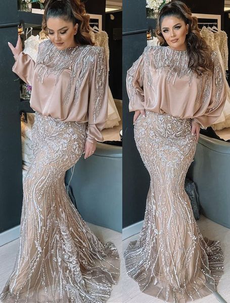 

2022 plus size arabic aso ebi mermaid lace beaded prom dresses long sleeves vintage evening formal party second reception engagement birthda, Black