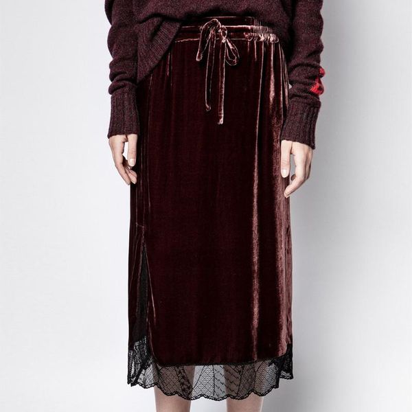 

skirts 100% silk women jupe bordeaux en velours femme lace-up casual autumn winter 2021, Black
