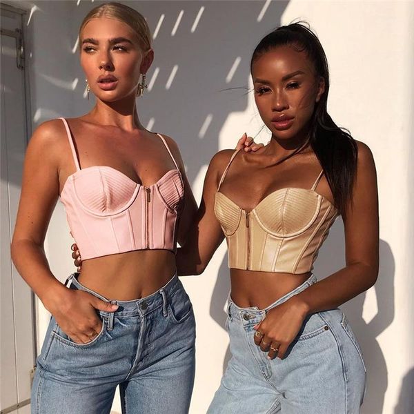 

pu solid color camisole slim women ladies party beach clubwear zipper v-neck skinny with removable chest pads1, White
