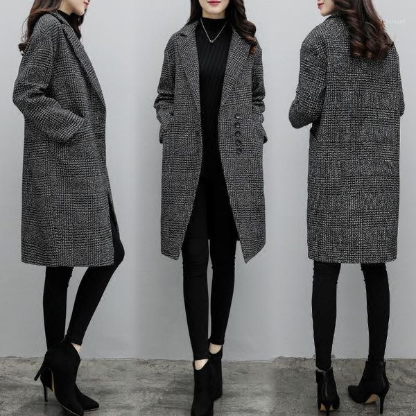 

jacket female long section korean version of the 2020 new autumn and winter korean students harajuku retro plaid coat1, Black