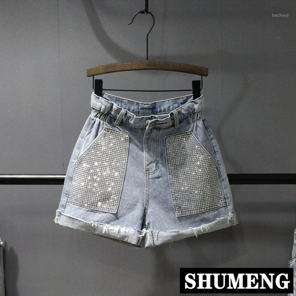 

2020 new spring and summer women's high waist denim shorts double pockets drill wide leg pants loose short jeans1, Blue