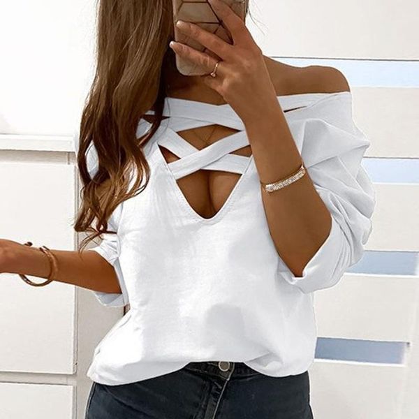 

white criss-cross deep v-neck women's sweatshirt autumn long sleeve female sweatshirts streetwear solid new casual lady hoodies1