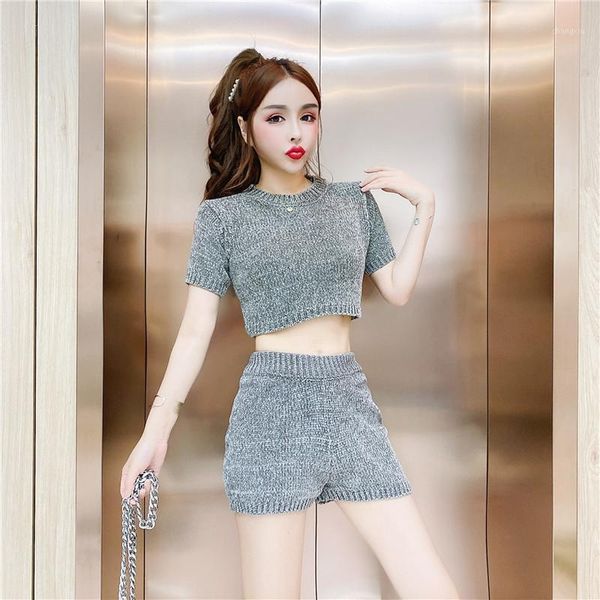 

autumn winter new women knitted 2 pieces sets korean o neck short sleeve crop pullover sweaters and high waist shorts set1, Gray
