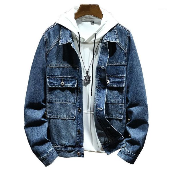 

spring autumn 2021 dark blue cowboy jeans jacket men regular streetwear denim jacket hip hop bomber clothes homme,9371, Black;brown