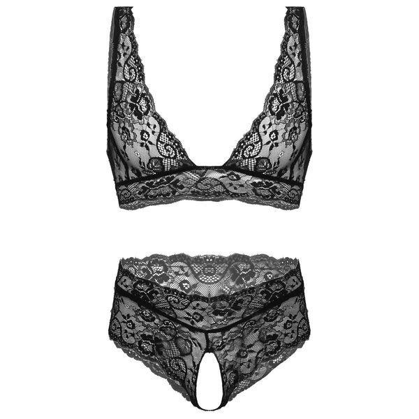 

men lace exotic lingerie set underwear floral embriodery bra with open crotch bottoms babydoll sleepwear nightwear, Black;white