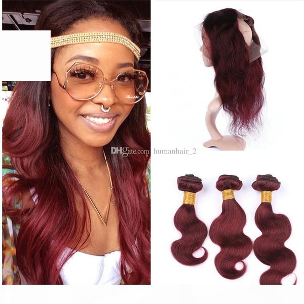 

8a indian 99j burgundy body wave hair bundles with 360 lace frontal closure color 99j wine red hair weaves with 360 lace frontal, Black;brown