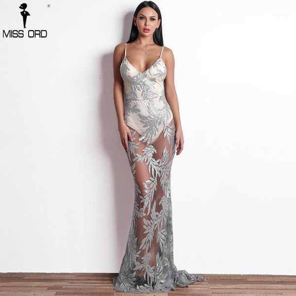 

missord 2020 women v-neck long sleeveless dress sequin see through maxi elegant dress ft184061, Black;gray