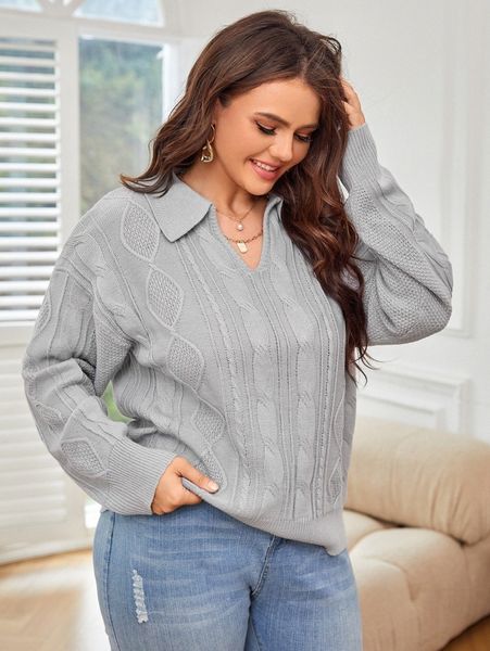 

plus cable knit drop shoulder sweater i2h2#, Black