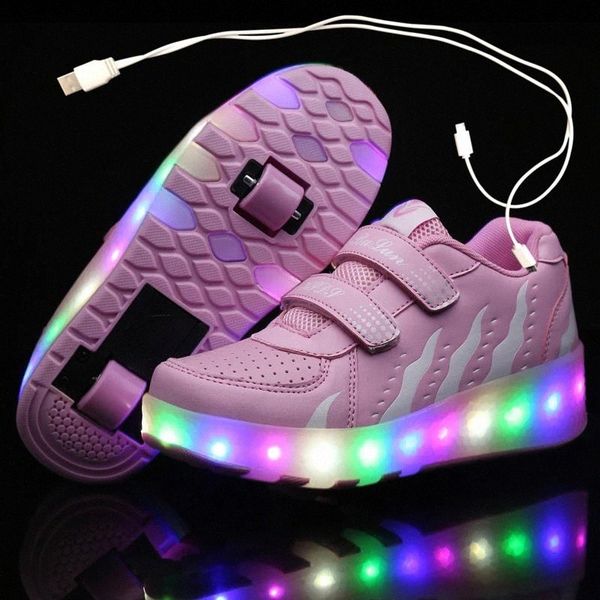 

usb charging two wheels luminous sneakers led light roller skate shoes for children kids led shoes boys girls 28-43 #ex7c